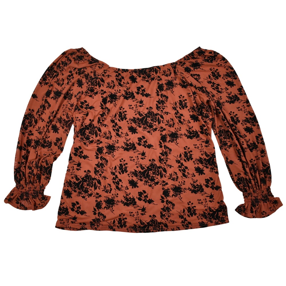 Boho Mesh Floral Blouse Top Orange Ruched Square Neck Balloon Sleeve Fall Colors - Picture 9 of 9